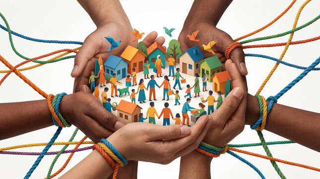 Hands holding miniature community with colorful ropes symbolizing unity and social connection