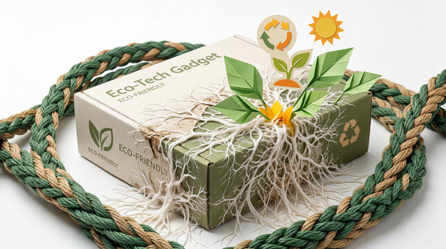 Eco tech gadget box with paper plant roots and recycling symbols surrounded by braided rope for sustainable product marketing