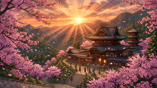 Beautiful japanese temple with cherry blossom trees during a vibrant golden sunset in spring