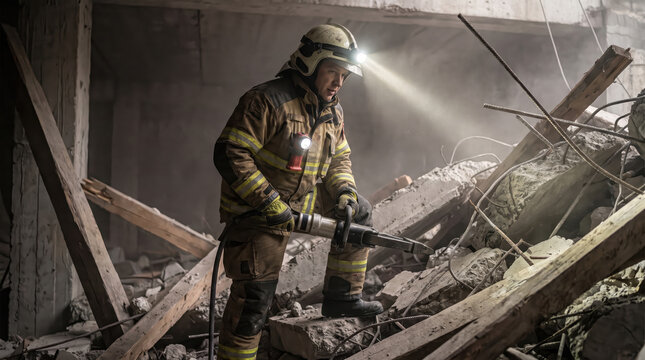 Brave firefighter using a hydraulic rescue tool among building debris during a disaster response mission.