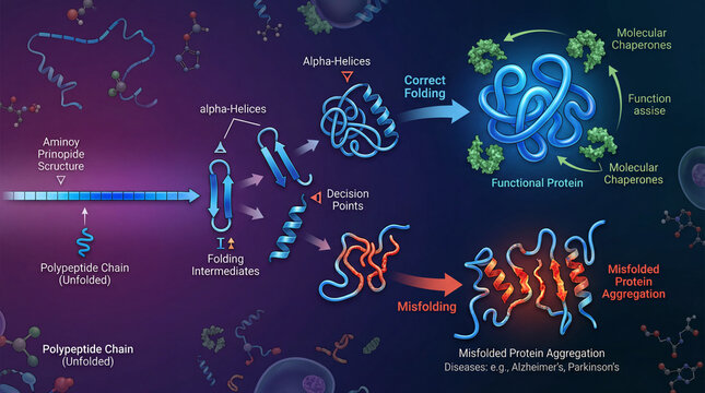 Protein folding process diagram with alpha helices misfolding aggregation and chaperones for molecular biology education and scientific research