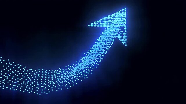 A glowing blue digital particle arrow curves upwards against a dark background.