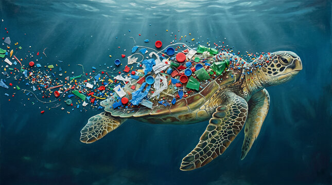 Sea turtle swimming underwater covered in plastic waste and microplastics environmental pollution concept