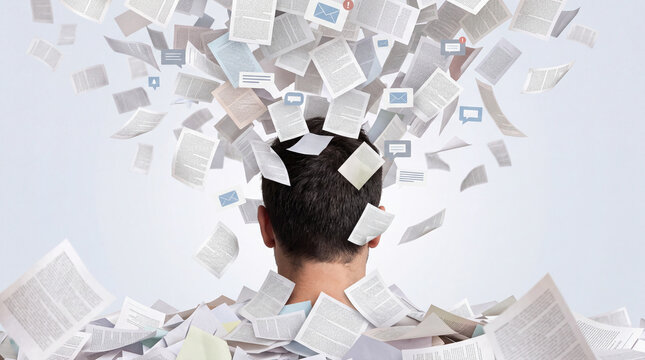 Man overwhelmed by flying documents and digital notifications symbolizing information overload and mental stress