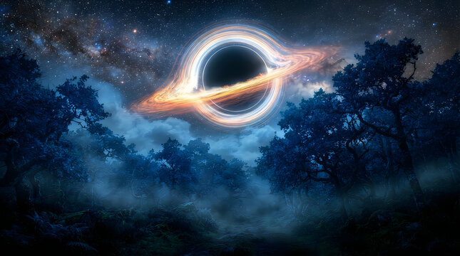 Black hole with glowing accretion disk in deep space illustration