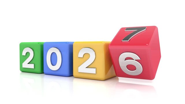 Video animation of red, yellow, blue and green cubes and the years 2026 and 2027 in silver color on a white reflective background - represents the new year 2027 - vacation concept.