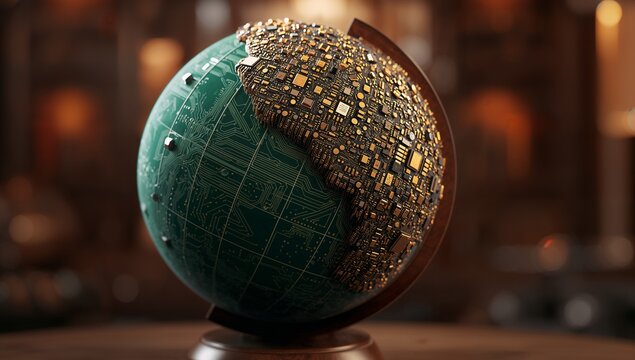 Globe map shaped with golden electronic circuit boards on dark background now.