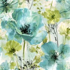 Fototapeta premium Abstract watercolor floral pattern with large turquoise and green flowers creating soft, artistic garden feel