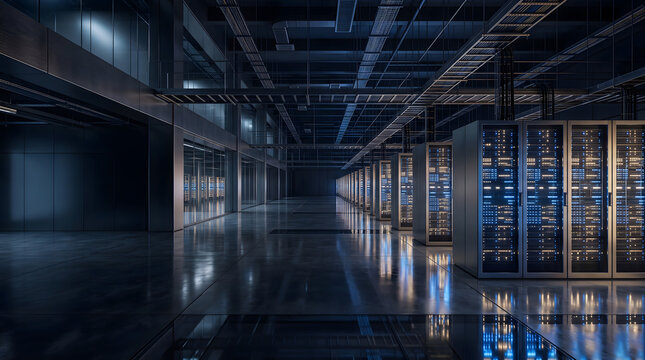 Modern data center server room with glowing blue light, cloud computing storage concept