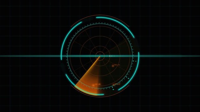 Futuristic circular radar interface with glowing orange scanning beam and digital grid lines for data visualization