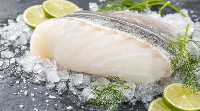 Fresh raw white cod fillet on crushed ice with lime slices and dill, fresh seafood market concept