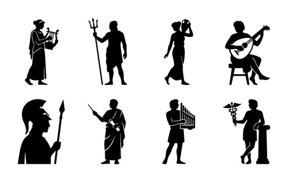 Ancient Greek Figures Collection, Mythological Characters Vector Icons, Classical Gods and Heroes Silhouettes