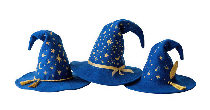 Three blue wizard hats with gold stars and moon patterns isolated on transparent background
