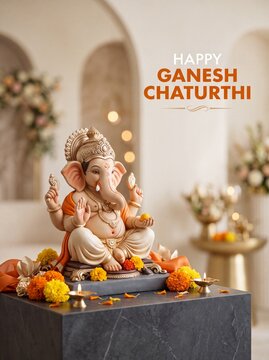 Ganesha statue decorated for ganesh chaturthi celebration with marigold flowers and lit oil lamps on marble plinth