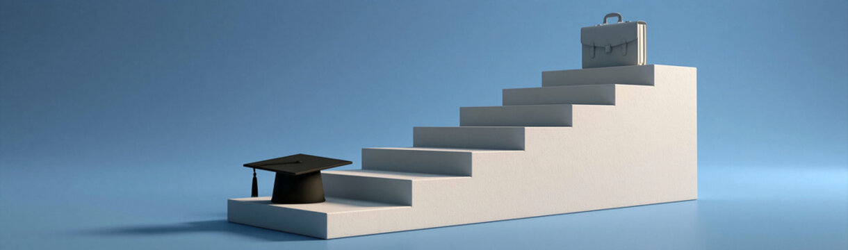 Education Ladder: A graduation cap rests at the bottom of a symbolic staircase, leading to a briefcase at the top, representing the journey from academia to professional life.
