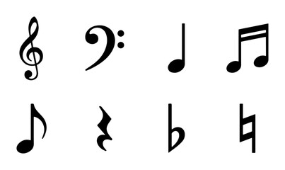 Fototapeta premium Musical Notes and Symbols Collection: Treble Clef, Bass Clef, Eighth Notes, Rests, Vector Icons for Music Education and Design