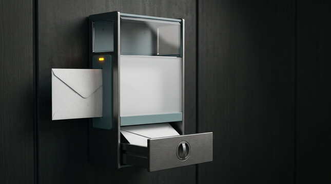 Modern Smart Mailbox with Envelopes on Dark Wall