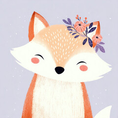 Obraz premium Cute fox soft pastel colors illustration children floral.