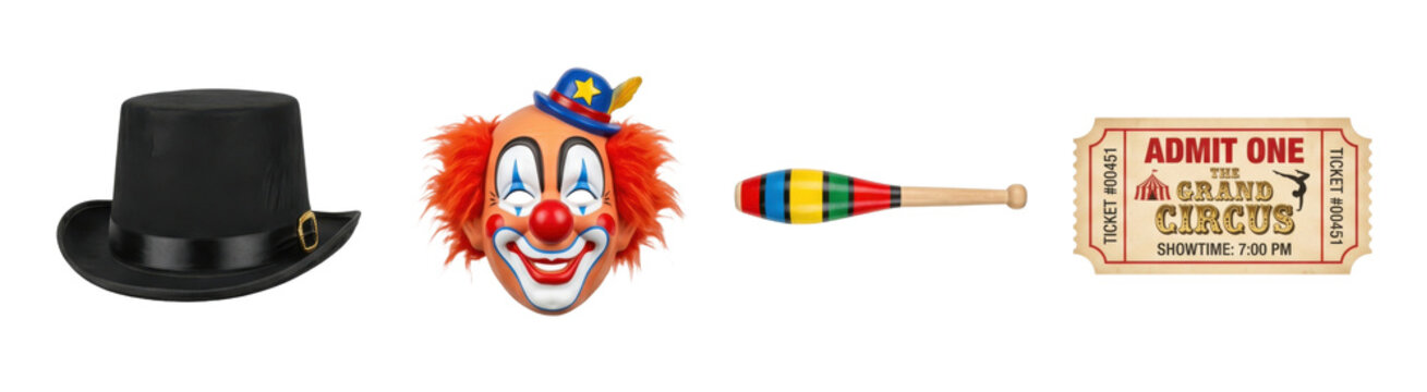 Amusement set with four circus performance props in a row isolated on transparent background