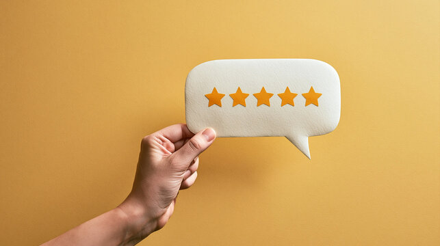 Five Star Review: A hand holds a speech bubble filled with five golden stars, symbolizing excellent customer satisfaction and a perfect rating.