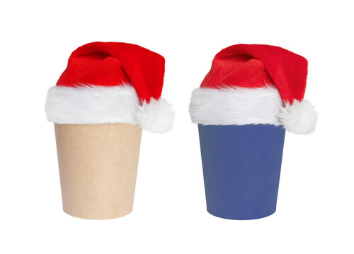 Two disposable coffee cups topped with red Santa hats evoke festive holiday spirit and gift-giving ideas.
