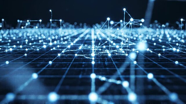 Abstract digital network nodes with glowing connections in a dark void with cinematic camera movement
