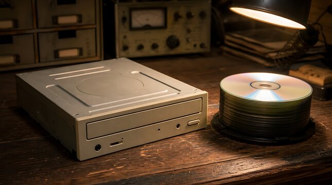 Retro optical CD DVD drive sitting next to stack of shiny discs under warm desk lamp, vintage tech concept