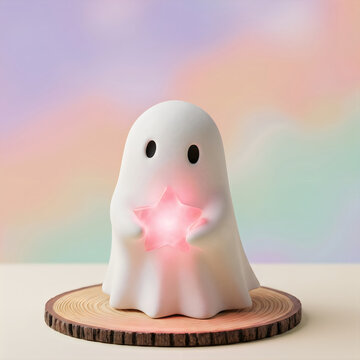 Cute cartoon ghost character with surprised eyes on a round base