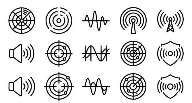 Technical radar sonar radio wave and signal outline icon collection vector