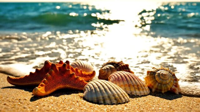 Starfish and seashells on sandy beach with sparkling ocean waves
