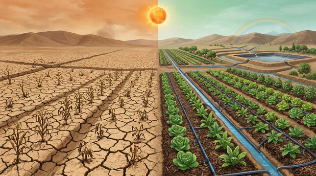 Drought versus irrigation agriculture split view showing climate resilience and sustainable farming solutions