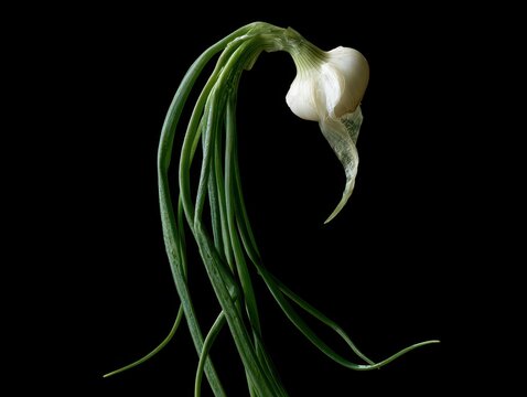 Fresh green onion with a white bulb isolated on a black background, closeup shot of a spring onion with long thin leaves, organic vegetable photography, studio lighting, high contrast food image