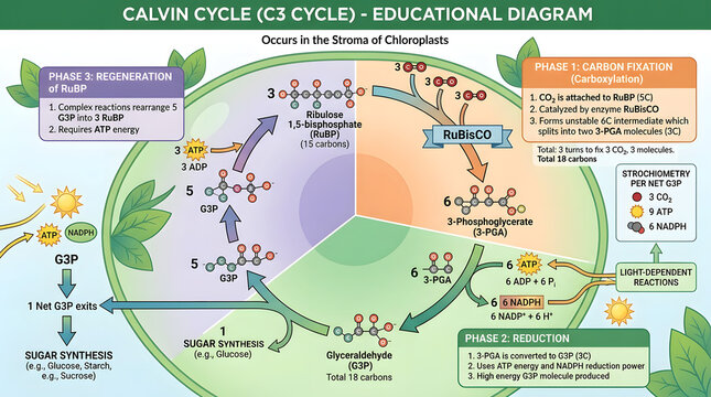 Educational calvin cycle diagram explaining carbon fixation reduction and regeneration phases of plant.