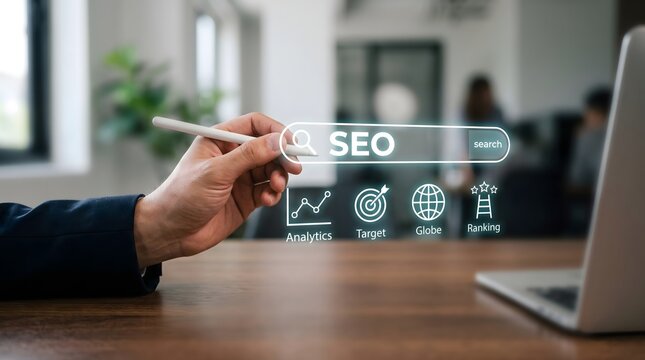 Business professional using a digital interface to optimize search engine marketing and improve website ranking performance