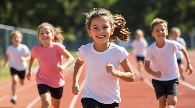 Elementary school children running on athletic track, outdoor physical education and sports day concept