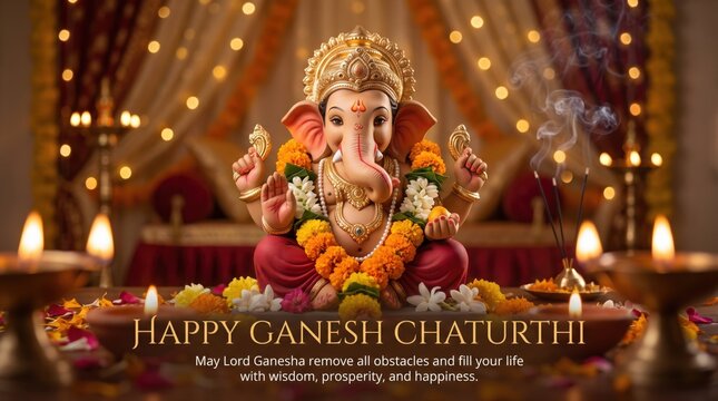 Lord ganesha idol adorned with marigold garlands, sitting amidst glowing oil lamps and incense smoke, celebrating the hindu festival of ganesh chaturthi with warm bokeh background