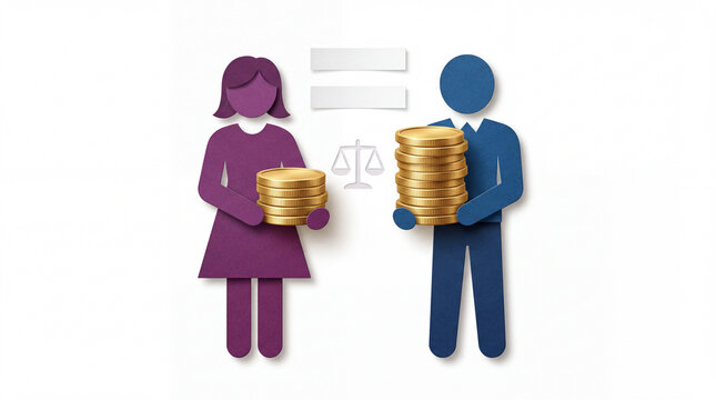 Paper cutout woman and man holding unequal stacks of coins with scales and equal sign symbolizing gender pay gap and wage inequality