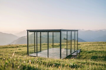Fototapeta premium Glass cube structure standing on a grassy mountain meadow with a wooden bench, distant mountain peaks, and a clear sky during the sunset