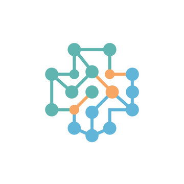 Abstract network connection nodes cross shape logo.