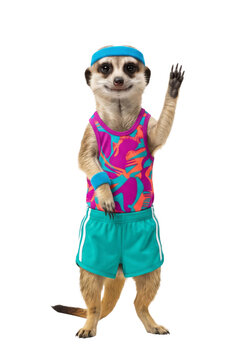 Energetic meerkat in retro 80s fitness workout outfit waving hello isolated on transparent background