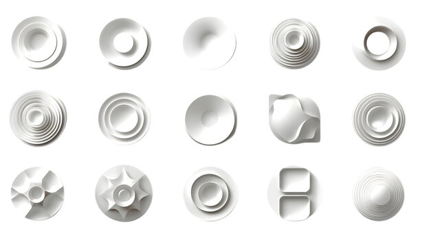 Abstract 3D white geometric shapes and round minimalist elements set isolated on white background
