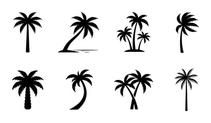 Naklejka premium Palm Tree Icons Set: Tropical Island Beach Vacation & Summer Travel Vector Graphics