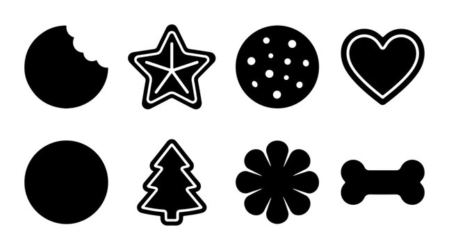 Set of 8 Black and White Cookie Icons, Vector Shapes for Baking and Celebration Graphics