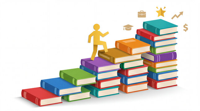 Yellow figure climbing colorful book staircase with graduation cap briefcase star dollar and arrow icons career growth education success concept