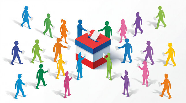 Colorful paper cutout people casting ballots into red white and blue voting box democracy and civic participation concept