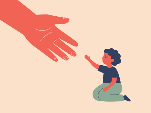 Minimalist Illustration of a Large Helping Hand Reaching Towards a Child