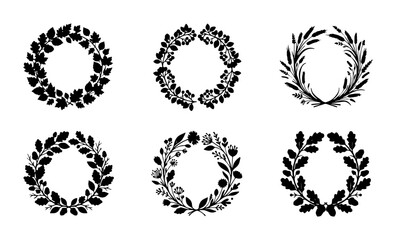 Fototapeta premium Set of Six Black Silhouette Laurel Wreaths, Decorative Floral Circles, Vintage Award Emblems, Vector Graphic Elements