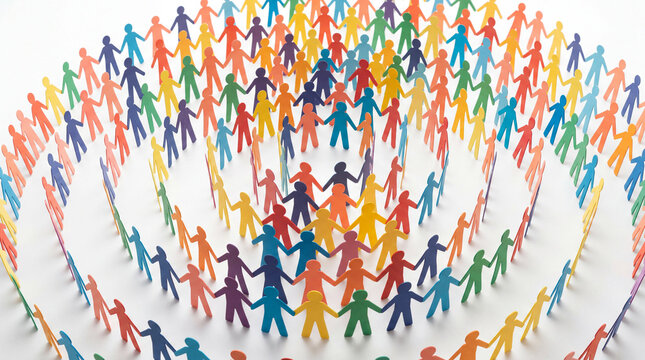 Colorful paper people holding hands in spiral formation symbolizing unity diversity and community connection