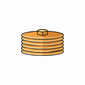 Tall stack of golden pancakes topped with butter vector illustration on white background.