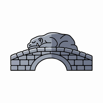 Vector illustration of a fantasy troll sleeping on a stone bridge.